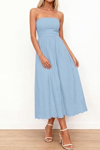 PRETTYGARDEN Womens Summer Dresses 2026 Sexy Sleeveless Tube Top Long Dress Eyelet Cotton Maxi Beach Sundress Pockets(Light Blue,XX-Large) - Thumbnail 4