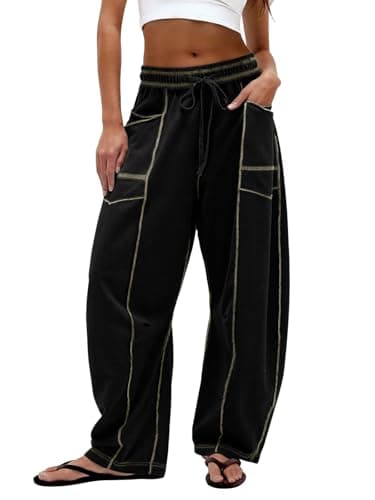 Dokuritu Barrel Sweatpants Women Casual Elastic Waist Wide Leg Sweatpants Drawstring Lounge Baggy Pants with Pockets Black - Image 1