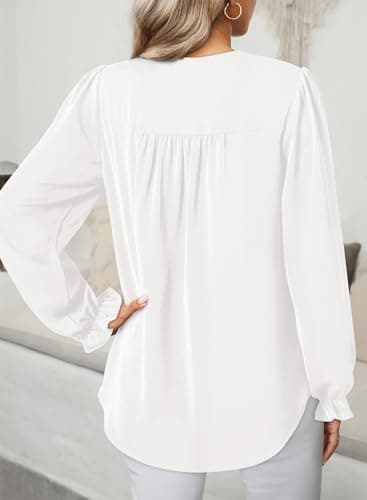Dokotoo Fall Tops for Women 2026 Trendy White Tops Casual V Neck T Shirts Fashion Long Puff Sleeve Pleated Shirt Basic Solid Shirts Tops Lightweight Business Casual Outfits XX-Large - Thumbnail 2