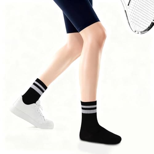 Kagcre Cotton Cushioned Crew Socks 5 Pairs, Women Men Athletic Casual Socks, Striped Retro Socks, Cozy Soft Moisture-Wicking Socks for Gym, Work, Everyday (Black+White) - Thumbnail 6
