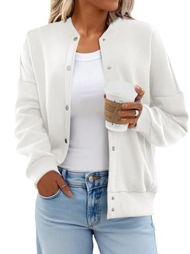 GEMLON Womens Button Down Sweatshirts Jackets Long Sleeve Casual Loose Outwear with Pockets White XL - Thumbnail 2