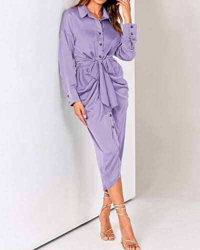 BTFBM Summer Dresses for Women 2026 Long Sleeve V Neck Button Down Elegant Belted Ruched Satin Silk Shirt Fall Dress(Purple, Medium) - Thumbnail 5