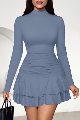 PRETTYGARDEN Womens Spring Long Sleeve Dresses 2026 Mock Neck Ruched Y2K Clothes Ruffle Layered Bodycon Mini Party Dress(Dusty Blue,X-Large) - Thumbnail 6