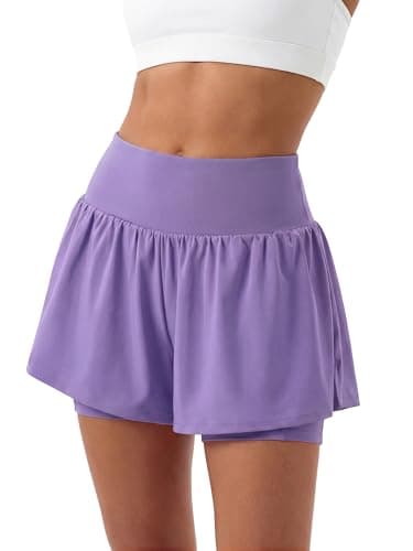 Stelle Women 2 in 1 Running Shorts Flowy Athletic Short High Waisted Workout Tennis Gym Short with Liner Pockets (Lavender, XL)