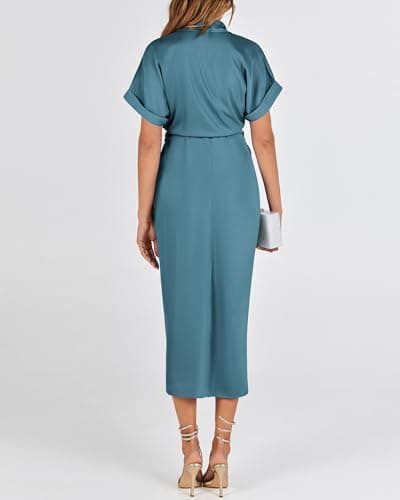 BTFBM Shirt Dresses for Women Spring Button Short Sleeve Silk Satin Ruched Maxi Summer Dress 2026 Cocktail Party Wedding(Blue Green, Small) - Thumbnail 5