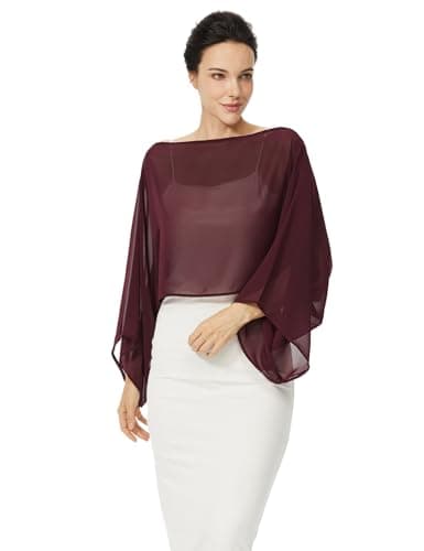BEAUZSUZSANA Women Chiffon Bolero Cape Capelets with Arm Holes Shawls and Wraps for Evening Dress Bridal Wedding Party (Cabernet,L-XL) - Thumbnail 3