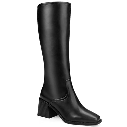 Quorvash Knee High Boots Women - Long Elastic Faux Leather Boots Tall Square Toe Chunky Block High Heel Shoes with Side Zipper Black 9.5 - Image 1
