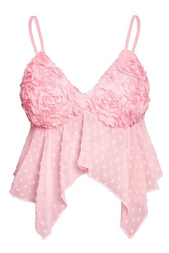 AIMISHI Sexy 3D Flower Crop Top for Women Y2K V Neck Tank Tops Spaghetti Strap Ruffle Camisole Summer Going Out Outfits Pink Medium - Image 1