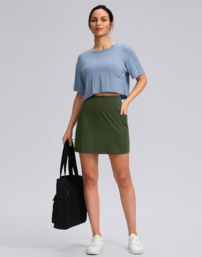 Women's Golf Skirts Skort 4 Side Pockets High Waisted Stretchy Tennis Skirt with Short Athletic Casual (Olive Green, S) - Thumbnail 3