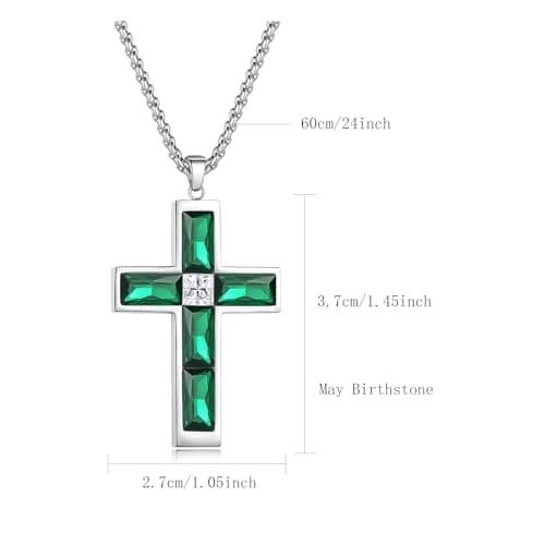 BAMIKI Green Cross Necklace for Men, Created Emerald May Birthstone Cubic Zirconia Large Pendant Silver Stainless Steel Necklace for Women, Faith Jewelry Gifts Mens Box Chain 24 Inch - Thumbnail 5