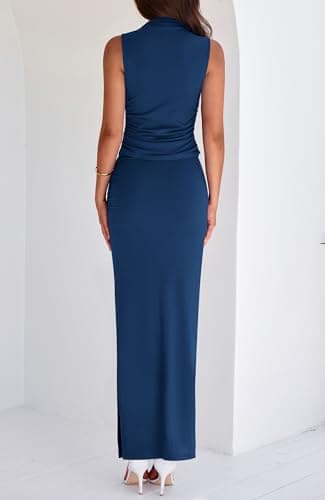 BTFBM Womens Two Piece Outfits Summer Lightweight 2026 Mock Neck Sleeveless Knit Tops Maxi Skirt Set Going Out Dress(Dark Blue, Small) - Thumbnail 3