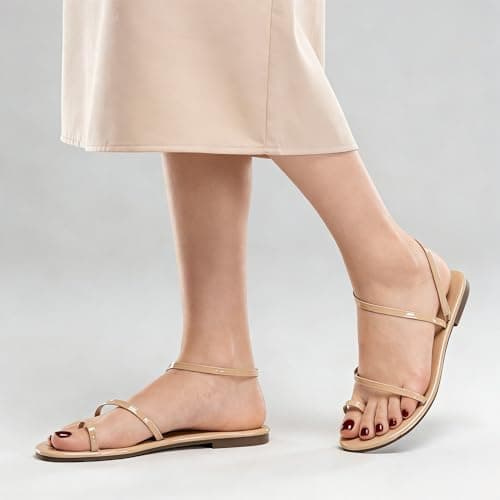 Strappy Greek Flat Sandals for Women Dressy Beach Slip-On Shoes|Unique Strap Design, Non-Slip Sole, Pearlized Leather Upper, Dressy Strappy Sandals for Casual, Beach, Everyday Wear Nude Patent - Thumbnail 3