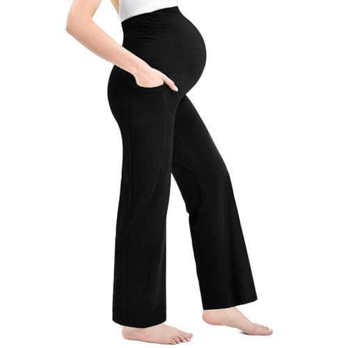 Ipletix Maternity Wide-Leg Lounge Pants with Pockets Over The Belly Soft Stretchy Pregnancy Wear Black M - Thumbnail 2