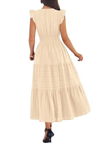 BTFBM Womens Summer Maxi Dress 2026 Spring Boho Vacation Ruffle Flutter Short Sleeve A Line Tiered Flowy Dresses Pockets(Apricot, Small) - Thumbnail 3