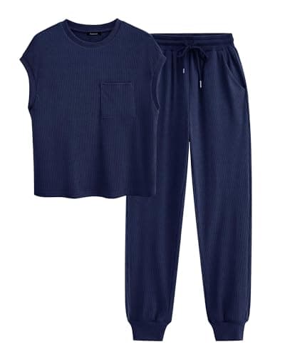 BTFBM Casual Womens 2 Piece Sweatsuits Set Short Sleeve Pullover Sweatshirt Joggers Sweatpants Outfits Tracksuit(Solid Navy,Small) - Image 1