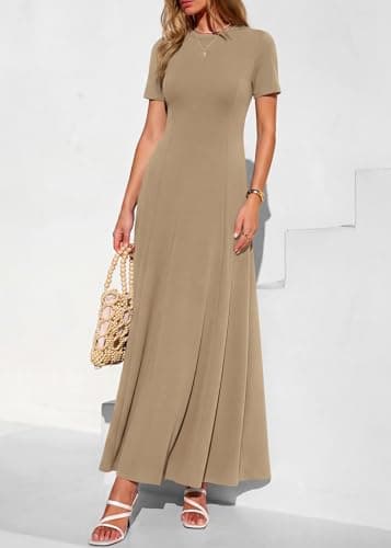 KIRUNDO Wedding Guest Dresses for Women 2026 Spring Summer Short Sleeve Pleated Long Flowy A Line Formal Maxi Dress Pockets(Khaki, Large) - Thumbnail 3