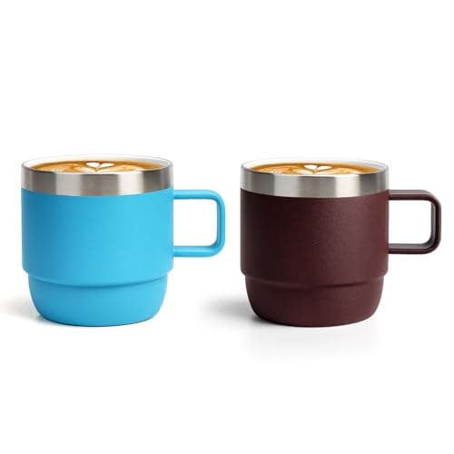 Zenbo 6 oz Espresso/Coffee Mug with Handle, Double Wall Vacuum Insulated 18/8 Stainless Steel Ceramic Lined Cups, Coffee, Tea, Hot & Cold Drinks, No Sweat, Dishwasher Safe（Wild Vine Red & Blue-2Pack）