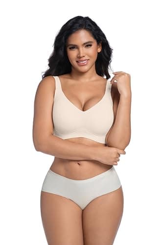 Bras for Women No Underwire Adjustable Bra Comfort Wireless Full Coverage Support Ribbed Push Up Senior Bra 2025 Beige M - Thumbnail 3