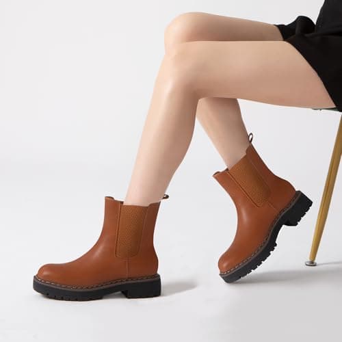 Athlefit Chelsea Ankle Boots for Women Platform Lug Sole Brown Boots Comfortable Slip On Fall Dress Short Booties Size 7 - Thumbnail 6
