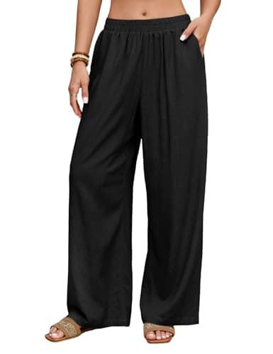 HEEKPEK Black Linen Pants Women Wide Leg Summer Flowy Elastic Waist Palazzo Beach Vacation Clothes Travel Trousers with Pockets (Black,Large) - Image 1