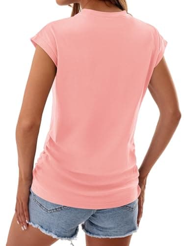 GKBK Womens Summer Cotton Tops Ruched Cap Short Sleeve Tshirts Crew Neck Shirts Fashion Coral XXL - Thumbnail 6