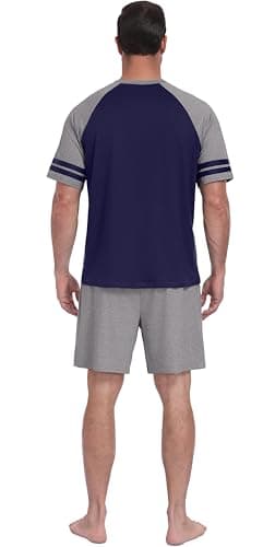 PrinStory Mens Pajamas Set Short Sleeve Lightweight and Soft Pajama Sets Summer Pjs Sets with Pockets Navy Blue Dark Gray-S - Thumbnail 6
