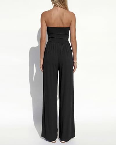 BTFBM Jumpsuits For Women Summer 2026 Beach Vacation Strapless Tube Top Jumpsuit Ruched Casual Wide Leg Pant Rompers(Black, Large) - Thumbnail 3
