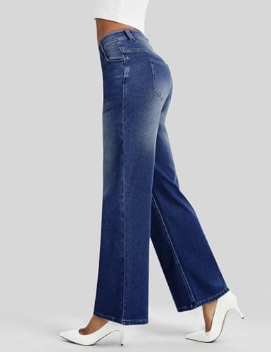AVAMO Wide Leg Jeans Woman Stretchy Pull on Sweatpant Jeans for Women Elastic High Waisted Straight Leg Baggy Denim Pants Indigo - Thumbnail 2