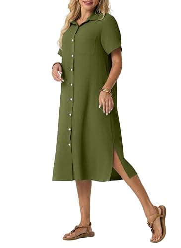 HiMONE Women’s Button Down Shirt Dress Casual Midi Dress Short Sleeve Collared Loose Fit Summer Vacation Dress with Pocket - Image 1