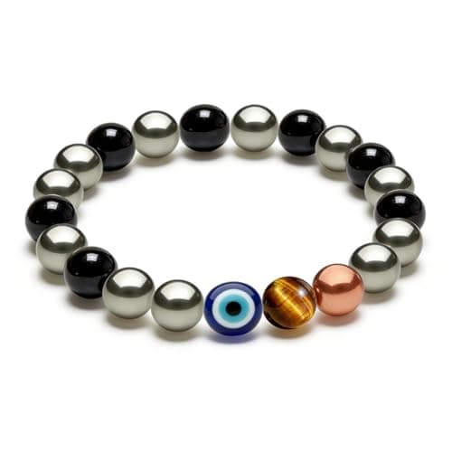 Drkao Unique Original Design Magnetic Therapy Bracelet for Men, Lucky 7 Power Healing Obsidian & Tiger's Eye Crystals, Real Copper Beads for Joint Comfort, Evil Eye 5-Fold Shield Energy Magnetic Jewelry For Mother