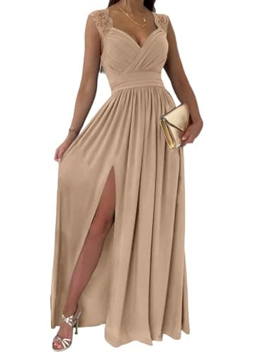 Dokotoo Womens Ladies Elegant Floor Length A Line Wrap Deep V Neck Backless Ruched Pleated Ruffled Split Long Maxi Formal Evening Party Prom Dress Bridesmaid Wedding Guest Dresses for Women Apricot S - Image 1