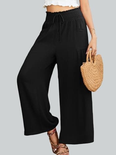 JUYUEO Women Linen Pants Wide Leg High Waisted Casual Summer Beach Palazzo Pants with Pockets Black S - Thumbnail 2