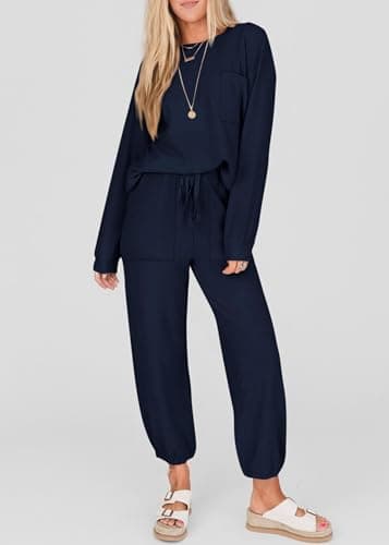 KIRUNDO Lounge Sets for Women 2026 Fall Airport Travel Outfits Ribbed Knit Tops Jogger Pants Tracksuit Postpartum Comfy Set(Navy, X-Small) - Thumbnail 2