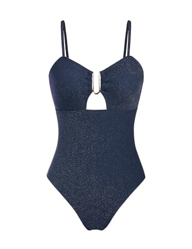 ZAFUL Women's Glitter Swimsuit Sexy 1 Piece Metallic Shiny Bathing Suit Cutout High Cut Tie Back Swimwear Dark Blue M - Image 1