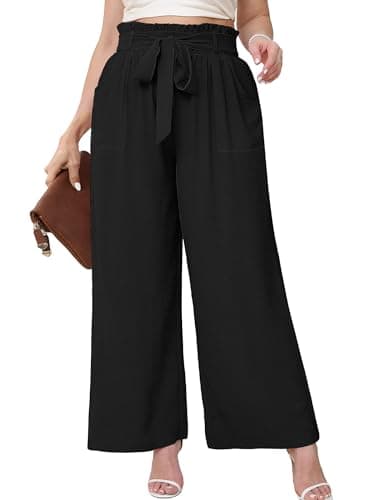 AusLook Women's Plus Size Wide Leg Pants with Pockets Black 2X Lightweight High Waisted Tie Knot Paperbag Dressy Palazzo Loose Paper Bag Comfy Business Casual Work Flowy Dress Ladies' Trousers - Image 1