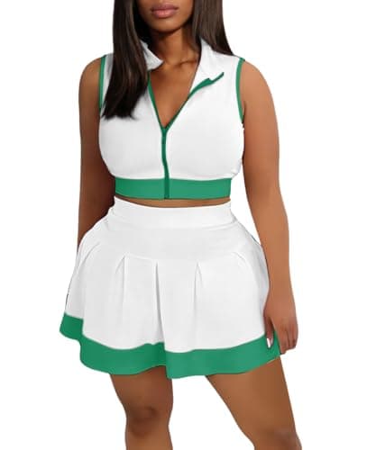 ABKY Tennis Outfits Golf Skirt Sets Women 2 Piece Outfit Zipper V Neck Crop Top and Pleated Mini Skirt Set Summer Tracksuits White S - Image 1