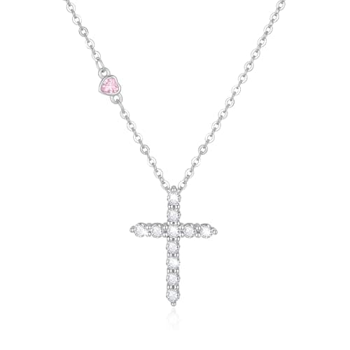 Juvux Birthstone Cross Necklace for Women, 925 Sterling Silver Cross Pendant Necklace with October Birthstone Cubic Zirconia Heart Charm, Dainty Christian Faith Birthday Gift Jewelry for Women - Image 1