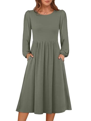 ANRABESS Women Long Sleeve Midi Dress Crewneck 2025 Fall Fashion Casual Flowy A-Line Long Dresses Vacation Outfit with Pocket Army Green L