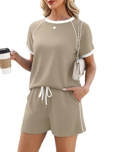 Casly Lamiit Short Sets Women 2 Piece Outfits 2026 Summer Matching Athletic Clothing Sets Cute Color Block Sweatsuit Camel S - Thumbnail 2