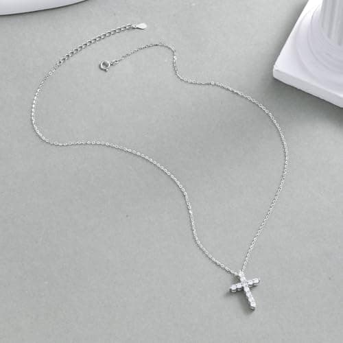 Juvux Cross Necklaces for Women 925 Sterling Silver 18K Gold Plated Cubic Zirconia Cross Pendant Necklace Simple Jesus Cross Necklace Cute Simulated Diamond Jewelry Minimalist Easter Gift (Silver) - Thumbnail 4