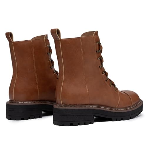 Athlefit Women's Brown Combat Ankle Boots Platform Chunky Low Heel Boots Fashion Lug Sole Lace Up Booties Size 9.5 - Thumbnail 4