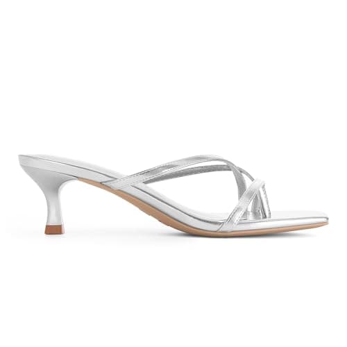 Athlefit Women's Strappy Kitten Heels Flip Flops Square Open Toe Low Heels Fashion Party Dress Shoes Thong Heeled Sandals Silver Size 6 - Thumbnail 4