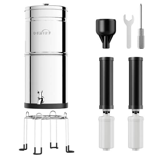 OEMIRY Gravity Water Filter System, 2.25G Stainless Steel Countertop System Water Purifier with Stand, Reduce 99% Chlorine for Home Camping Backpacking RVing, 2 Carbon and 2 Fluoride Filters - Image 1