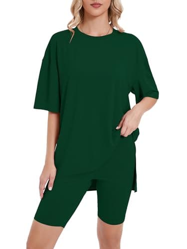 Heymoments 2 Piece Sets for Women Lounge Summer Green XX-Large Oversized T-Shirt and Biker Shorts Pajama Set Soft Pajamas Set Breathable Sleepwear Comfy Nightwear Womens Pjs Set - Image 1