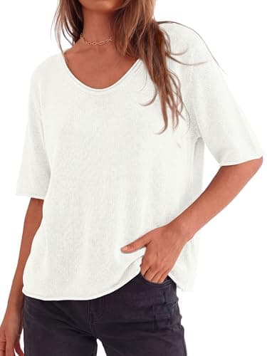 BTFBM Sweaters for Women 2026 Summer Oversized Half Short Sleeve Knitted Pullover V Neck‌ Casual Loose Fit Spring Tops(White, X-Large) - Thumbnail 6