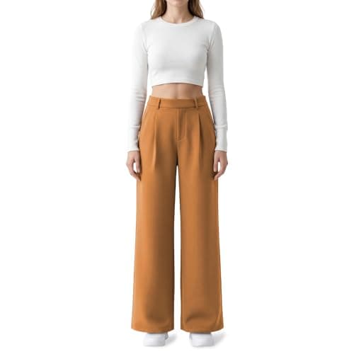 OctMoon Dress Pants Women - High Waisted Straight Leg Work Pants with Belt Loops, Stretchy Business Casual Slacks, Wrinkle-Free Knit Trousers for Office & Teacher(Brown Yellow)-XL - Image 1