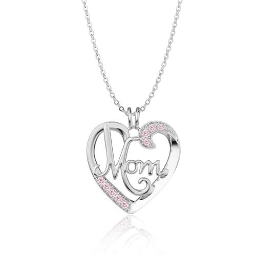 Moodear Silver Mom Necklace for Women Mother Daughter Necklaces with Heart Pendant Grandma Mothers Birthday Jewelry with Pink CZ Mother's Day Gifts from Daughters Son - Image 1