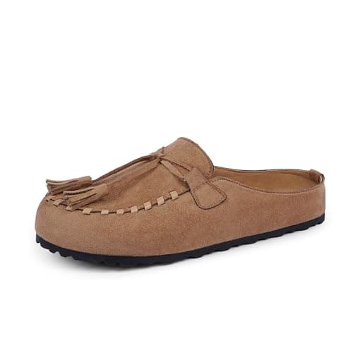 VIUGJNEX Womens Clogs for Women Slip on Faux Suede Women's Mules & Clogs Loafers Tassel Fringe Round Toe Potato Shoes with Arch Support Footbed Casual Walking Shoes Flats Tan Size 7 - Thumbnail 5