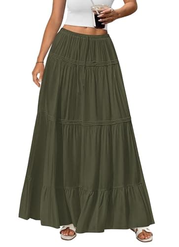 BTFBM Spring Skirts for Women 2026 Summer Boho Beach Vacation Clothes Casual Pleated High Waisted Flowy Maxi Skirt(Army Green, Large) - Image 1