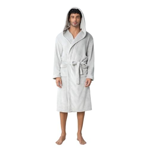 Lagtew Men's Hooded Fleece Bathrobe, Absorbent Anti-Static Plush Robe for Men with Pockets, Warm Soft for Home,LIGHT GREY,2XL/3XL - Image 1